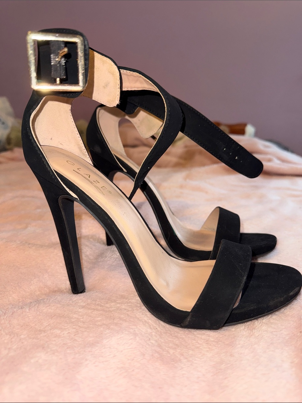 Glaze Black Suede Ankle-Strap Stiletto Heels